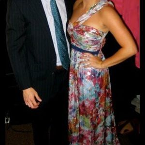 Floor-length rainbow inspired BCBG dress